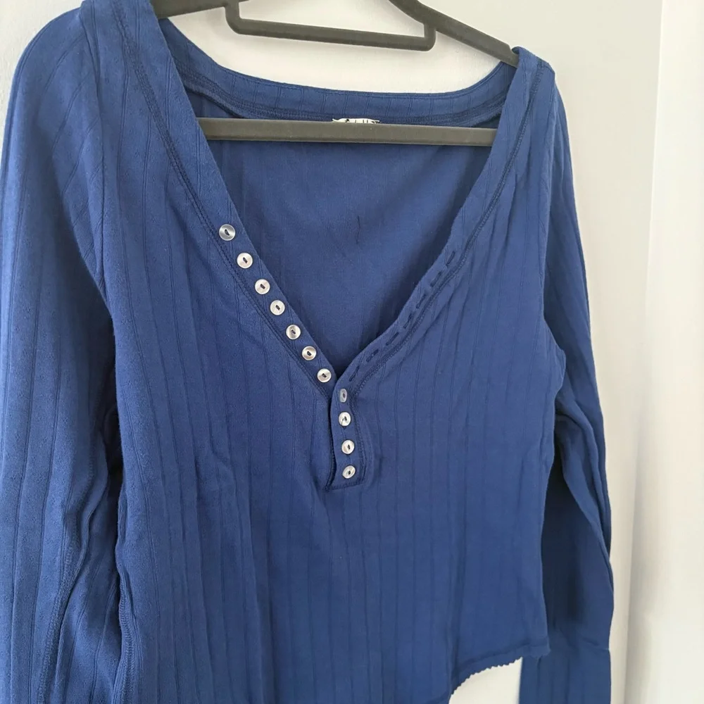 Free People Coffee Chat Pointelle Long Sleeve Cotton Top In Moonlit Ocean Size L